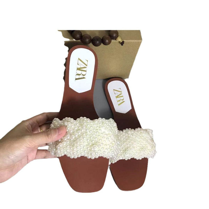 Women's White Pearl Woven Flat Sandals - Versatile & Fashionable Beach Footwear - Dio Kollections