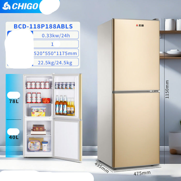 Beige refrigerator with open door showing interior and specifications on a light blue background