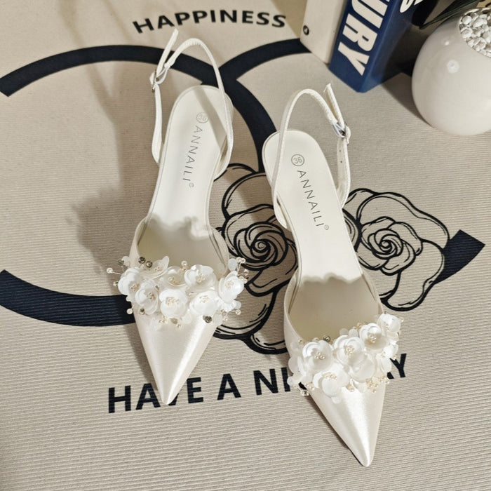 French Satin Shallow Floral Fairy Style Open Back Pumps Wedding Shoes