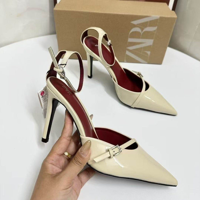Classic White Patent Leather Pointed-Toe Stiletto Heel Back Strap Sandals - Dio Kollections