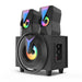 Black speaker with RGB lighting on a white background