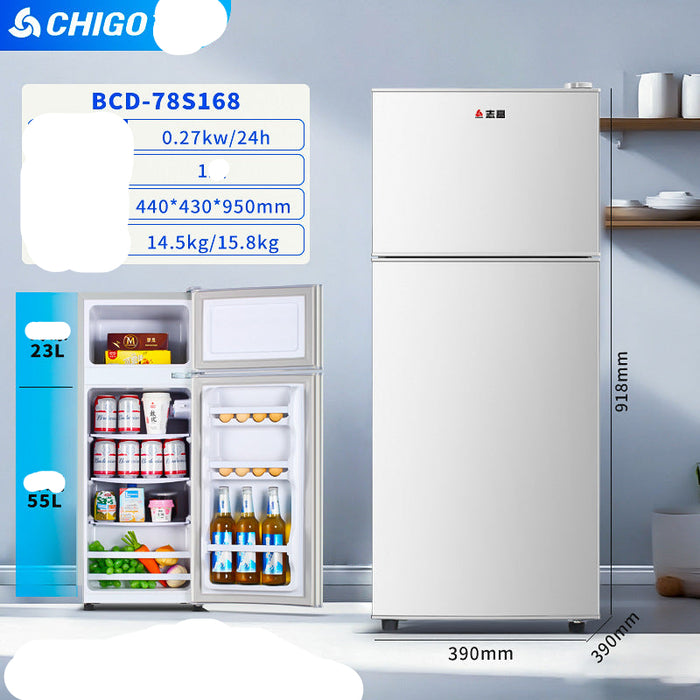 White refrigerator with storage compartments and dimensions displayed, featuring CHIGO branding.
