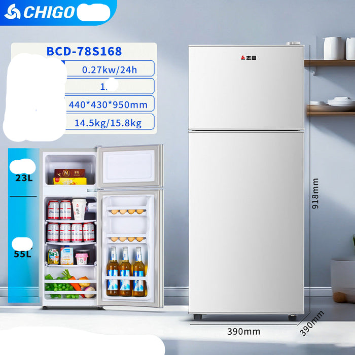 White refrigerator with storage compartments and dimensions displayed, brand 'CHIGO' visible