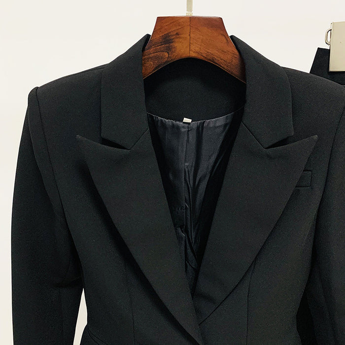 Black blazer on a wooden hanger against a white background