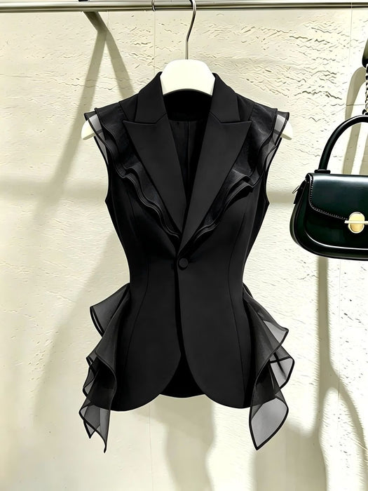 Dio Elegant Black Ruffled Top Stylish French Vest Sophisticated