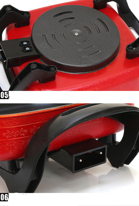 Close-up of a red and black portable stove with visible branding on a white background