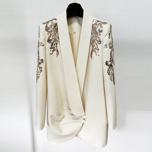 Beige Lace Step Skirt Dress with Green Fruit Collar and Diamond Accents Blazer - Dio Kollections