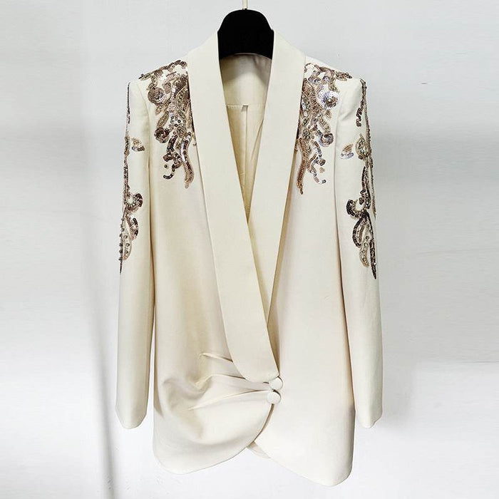 Beige Lace Step Skirt Dress with Green Fruit Collar and Diamond Accents Blazer - Dio Kollections