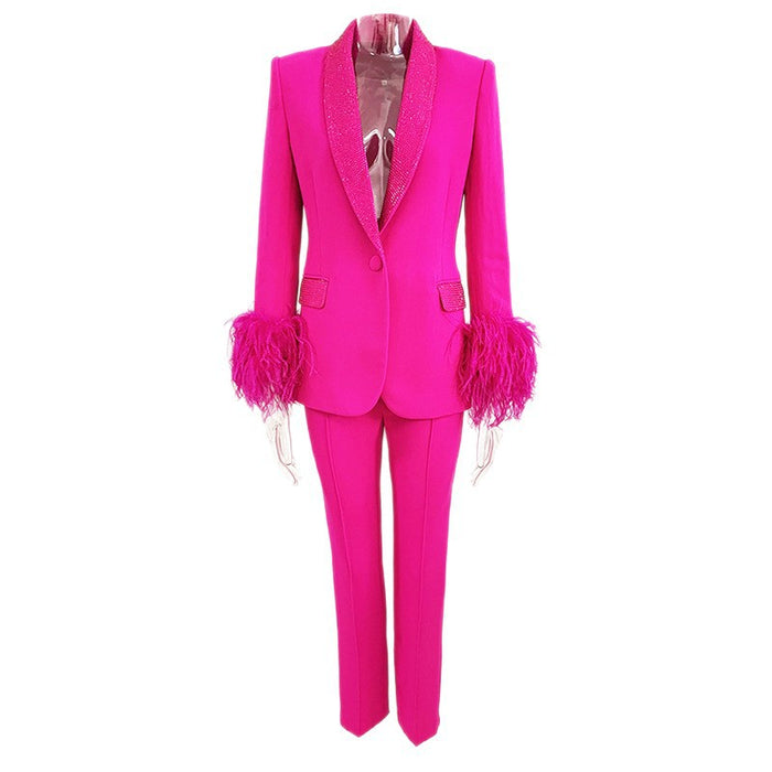 Celebrity Fashion Luxury Ostrich Real Feather Rhinestone Green Fruit Collar Blazer