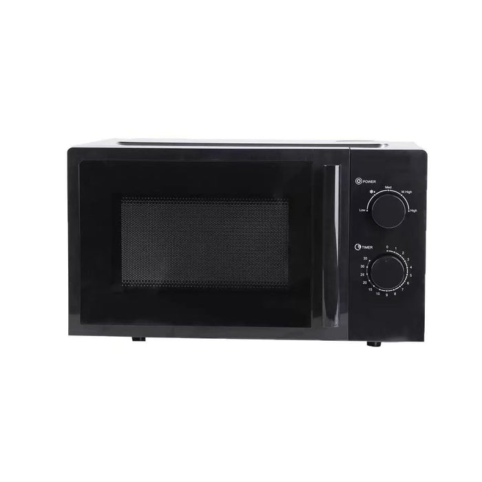 A black countertop microwave oven with a glass door, a vertical handle, and two rotary control knobs on the right side, shown against a plain white background.