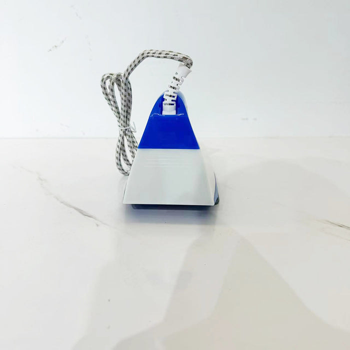 Blue and white electronic device with a coiled cable on a white background