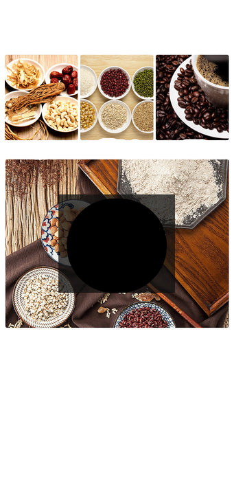 Assorted ingredients including grains and coffee beans displayed on a wooden surface with text overlay.