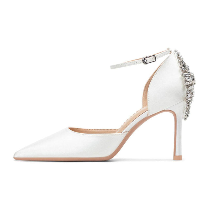 Hollow Satin Pointed Toe Stiletto One-Line Buckle Rhinestone Wedding Bridal Shoe - Dio Kollections