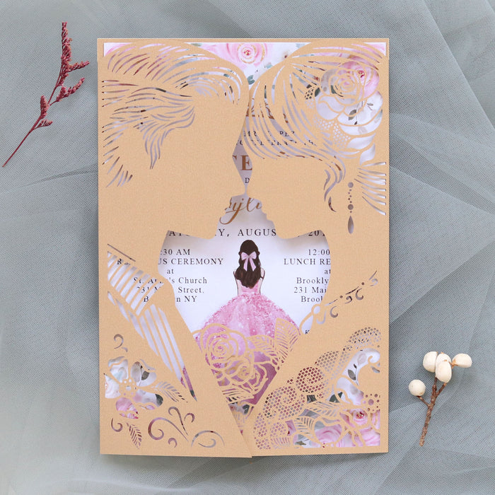 Decorative card with cut-out design and a woman in a pink dress on a gray background