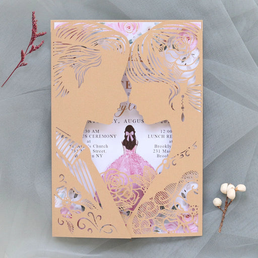 Decorative card with cut-out design and a woman in a pink dress on a gray background