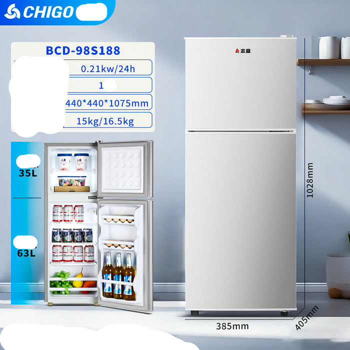 White refrigerator with open door showing interior contents, on a light blue background.