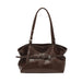 A dark brown leather shoulder bag with a structured slouchy silhouette, featuring a front horizontal strap detail with silver-tone grommets and a buckle, set against a plain white background.