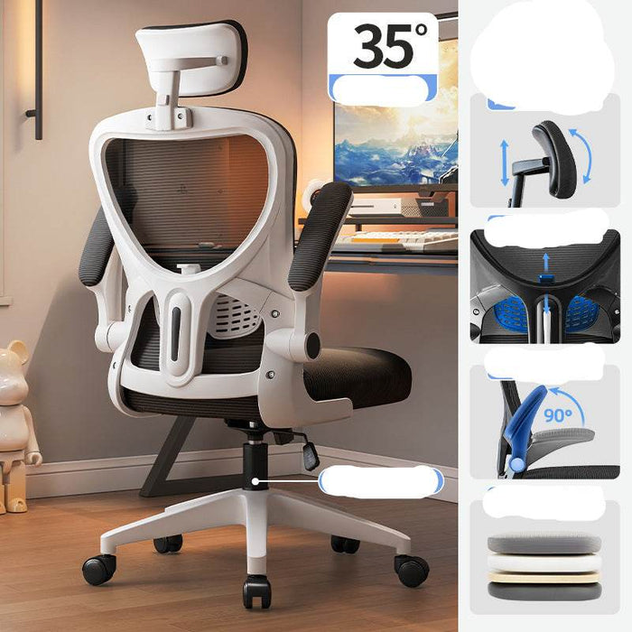 Ergonomic office chair with features highlighted on a gray background