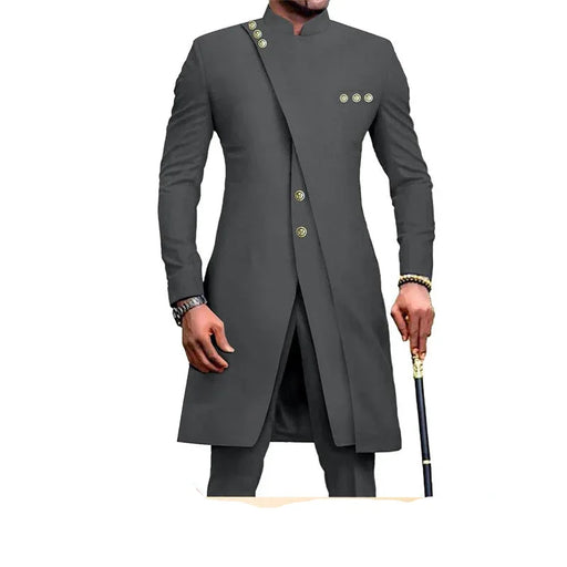 Gray suit jacket worn by a person on a white background