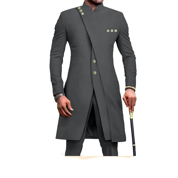 Gray suit jacket worn by a person on a white background