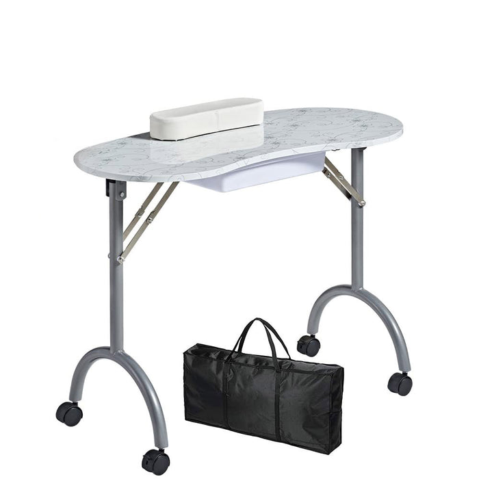 Foldable marble-top table with wheels and a black carrying bag on a white background