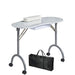 Foldable marble-top table with wheels and a black carrying bag on a white background