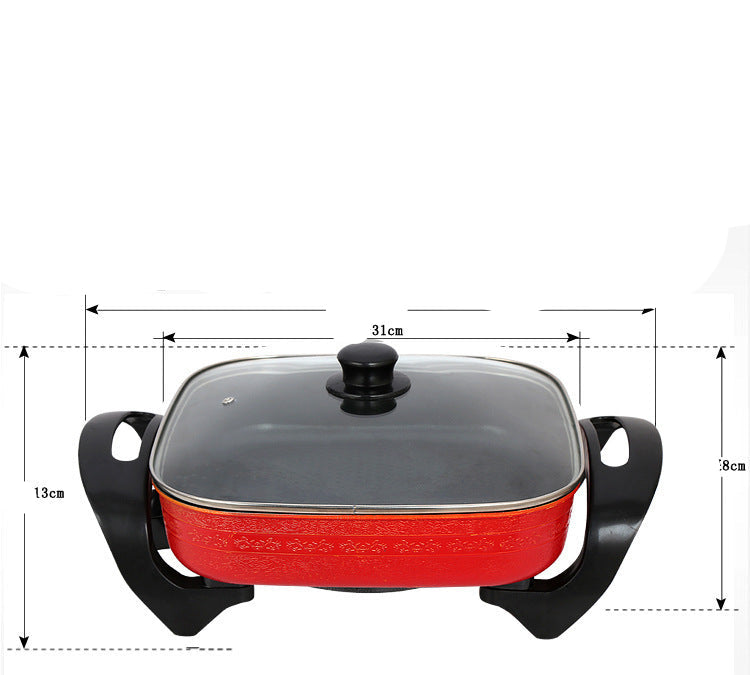 Red electric pot with dimensions and specifications on a white background