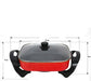 Red electric pot with dimensions and specifications on a white background
