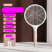 Electric fly swatter with features listed on a brown background