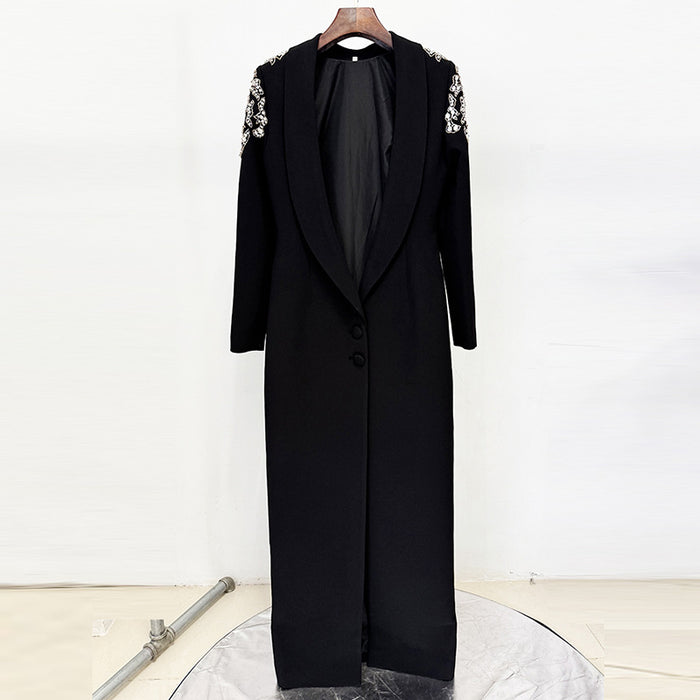 Black long coat with decorative sleeves on a white background