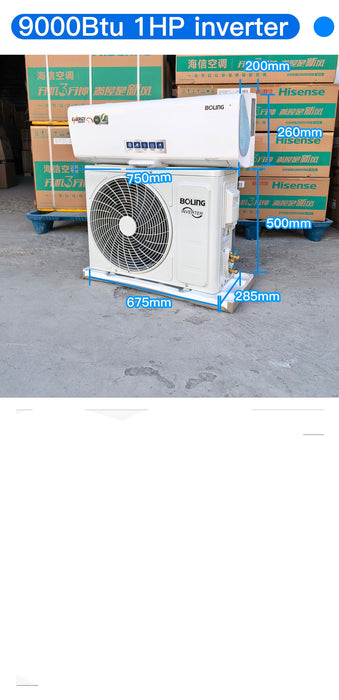 Air conditioning unit with specifications on a concrete floor, surrounded by boxes.