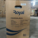 Cardboard box with 'Royal' branding and product specifications in a warehouse setting.