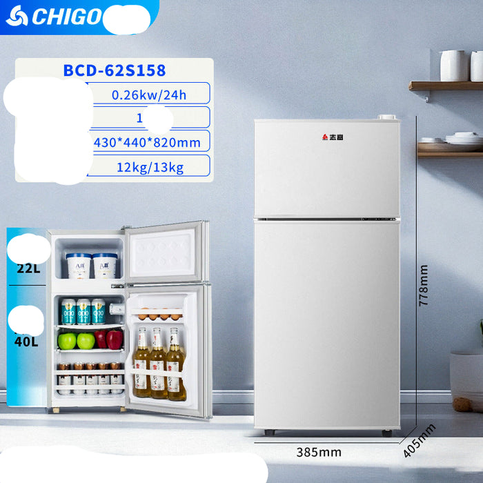 Small refrigerator with open door showing contents, brand 'CHIGO' visible