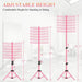 Pink adjustable height stand with measurements on a light gray background
