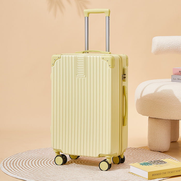 Yellow suitcase on a beige surface with a soft chair and book in the background