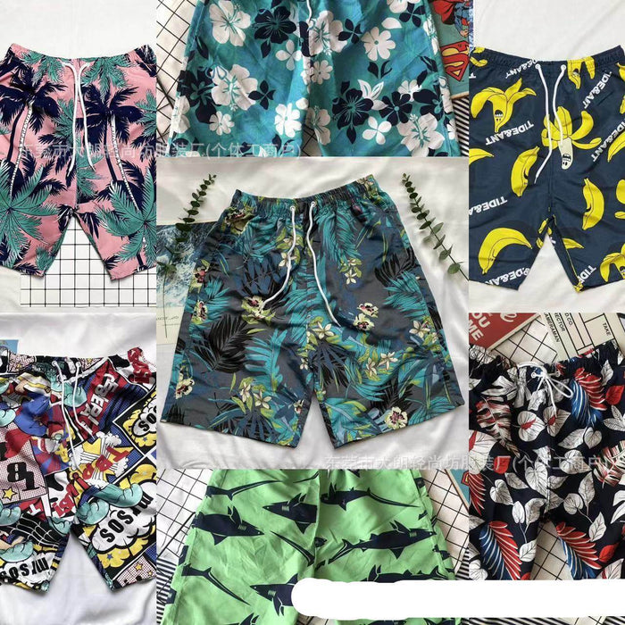Collage of various patterned shorts including floral, tropical, and superhero designs.