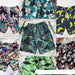 Collage of various patterned shorts including floral, tropical, and superhero designs.
