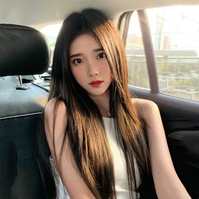 Star Style Long Black Straight Wig with Medium-Parted Bangs