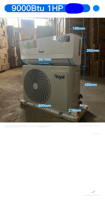 Air conditioning unit with dimensions and specifications displayed on a warehouse floor.
