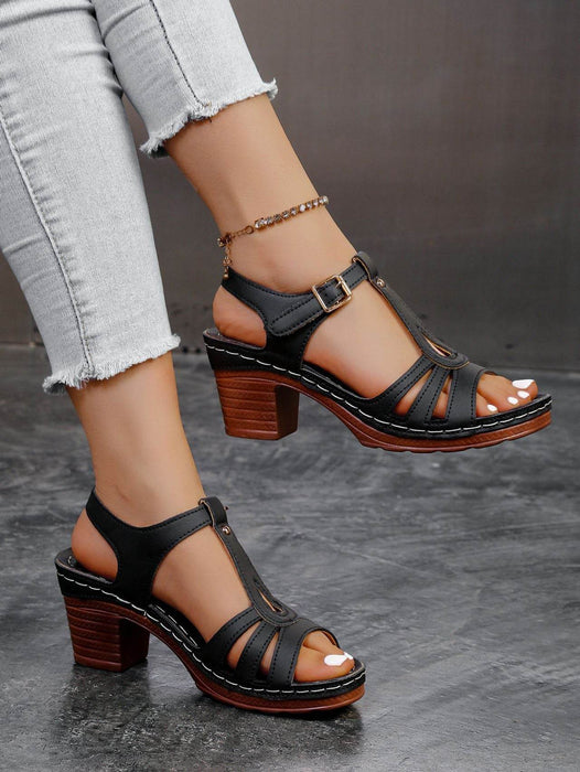 Summer New Solid Color Fish Mouth Thick Heel One-Way Buckle Strap High Heel Sandals - Dio Kollections
