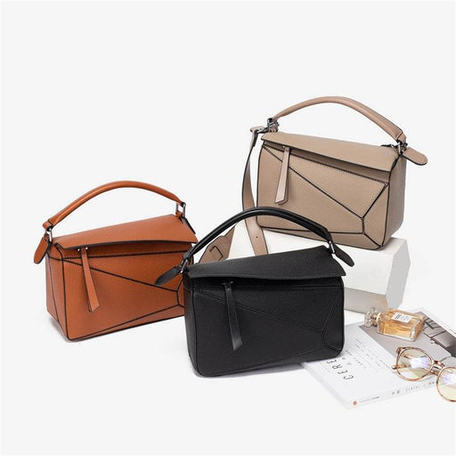 Three handbags in brown, black, and beige on a white surface.