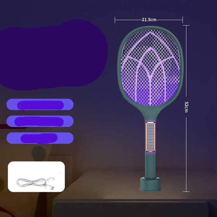 Electric fly swatter with dimensions and features on a dark background