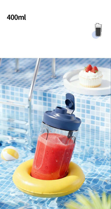 Portable cup with straw and lid on a pool float, with a pool and dessert in the background.