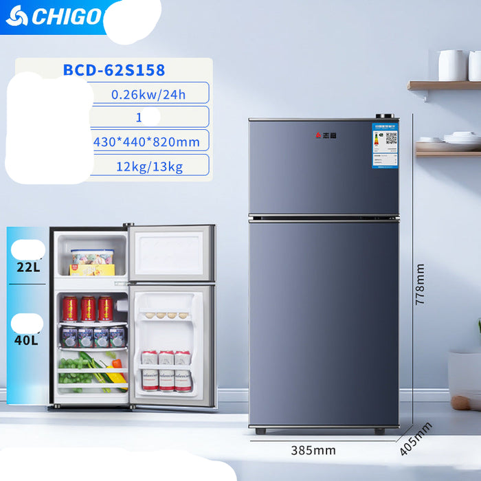 Small refrigerator with open door showing interior and specifications on a light blue background