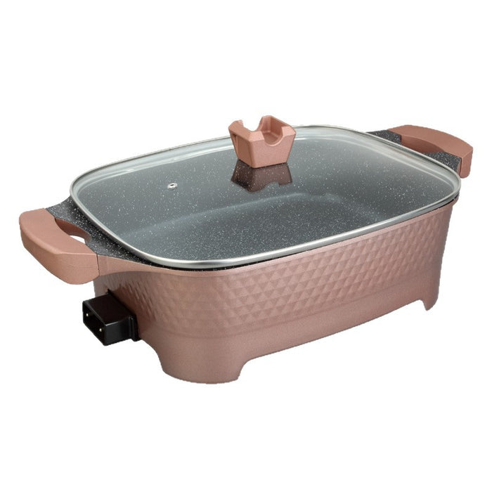 Pink electric hot pot with glass lid on a white background