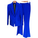 Blue suit with a blazer and pants on hangers against a white background