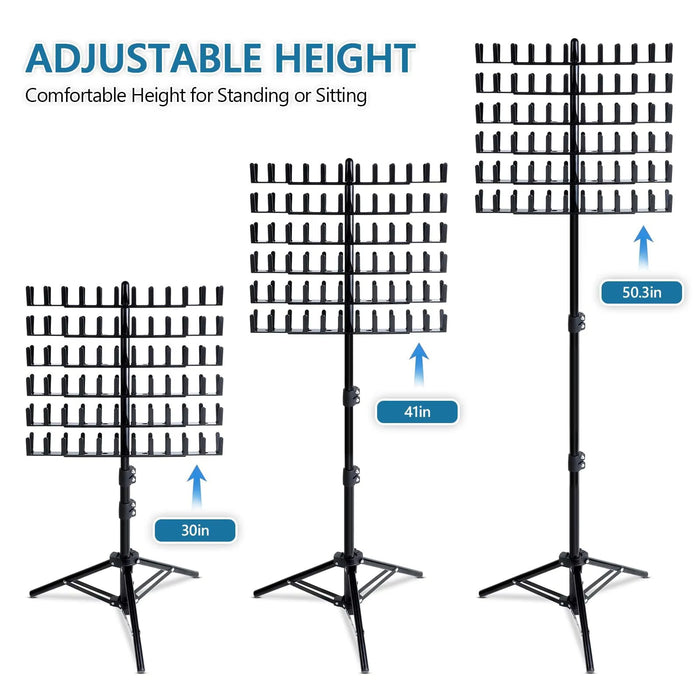 Adjustable height music stand with measurements on a white background
