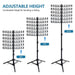 Adjustable height music stand with measurements on a white background