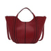 A structured red leather hobo-style tote bag with vertical black piping details and double top handles, shown against a plain white background.