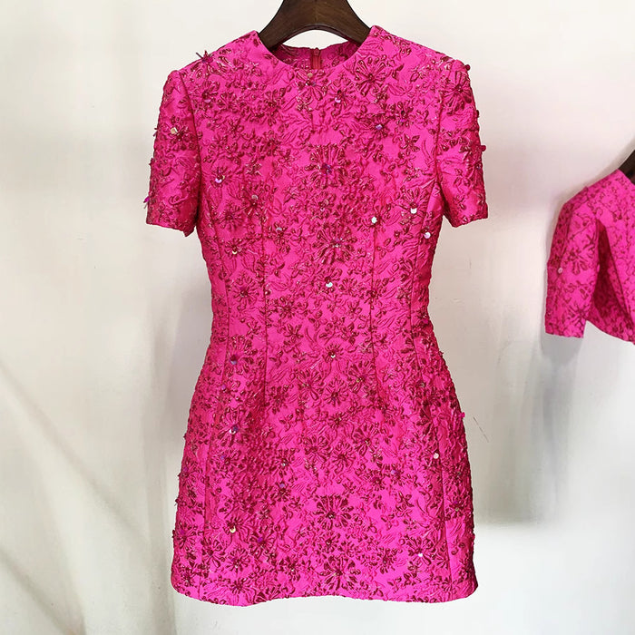 Dio Rose Powder Series Jacquard Heavy Short Sleeve Dress